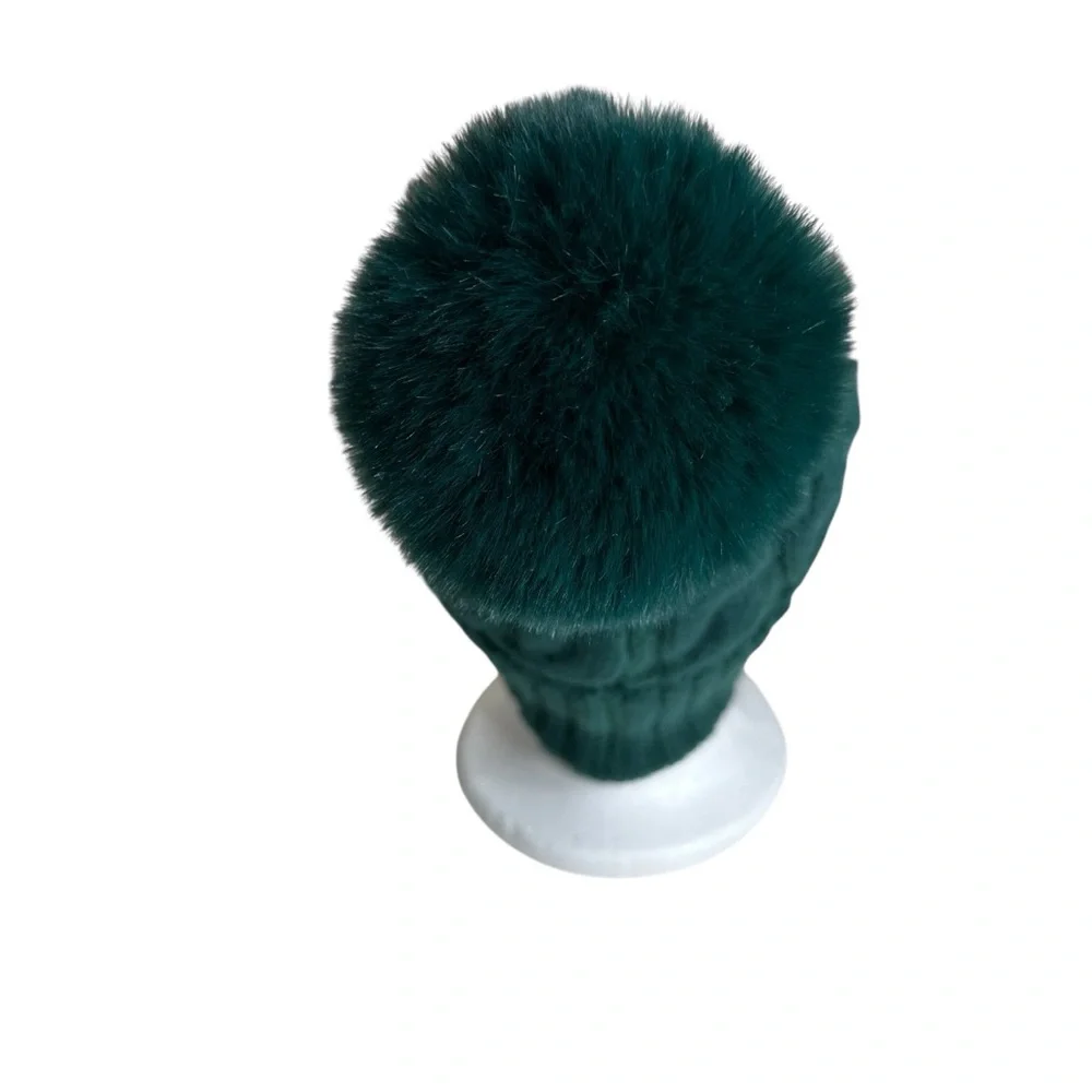 Tasha Twisted Faux Fur PomPom Beanie w Full Soft Fleece Lining Green Brand New!